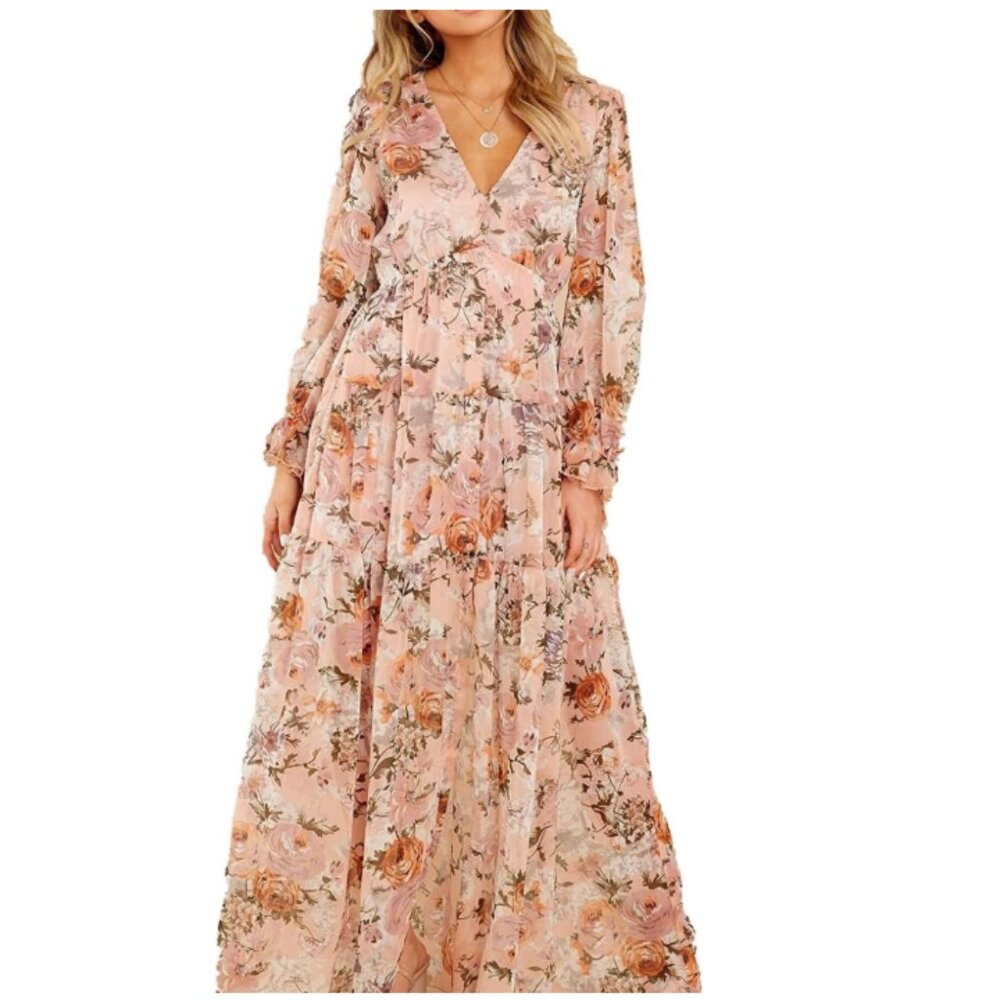 Floral Pink Long Sleeve Maxi Dress - Picture 2 of 12